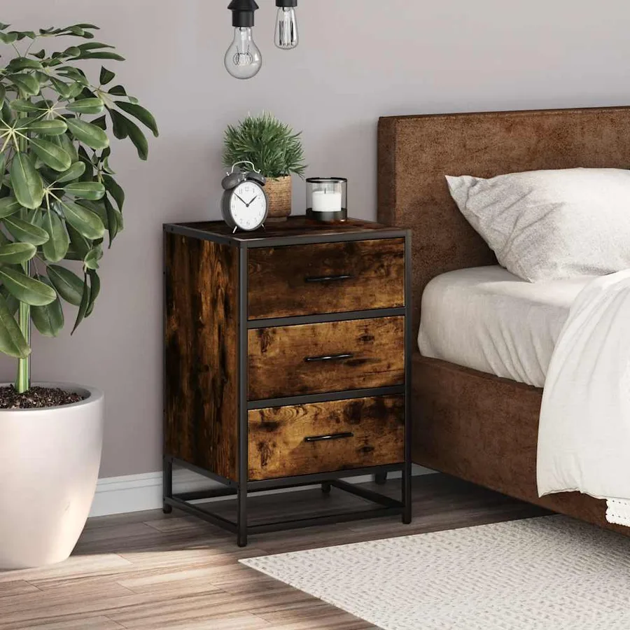 Table de chevet chêne fumé 40x34,5x60cm bois d'ingénierie métal - 3