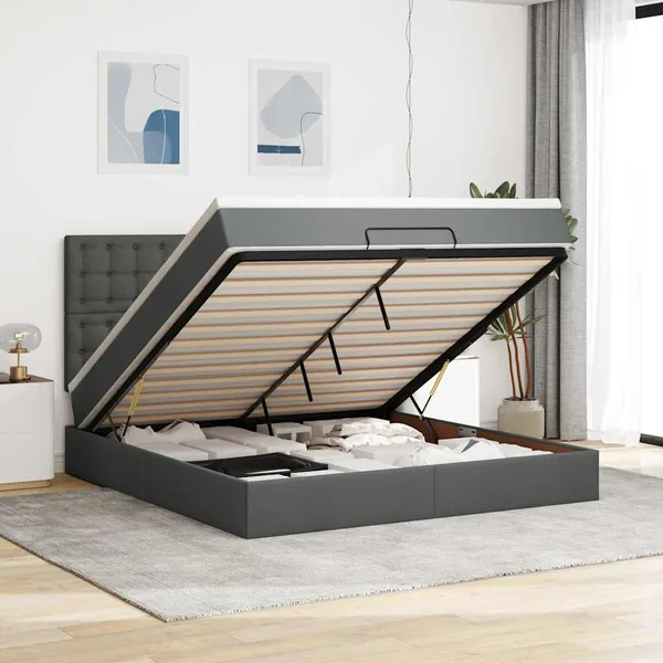 Cadre de lit ottoman avec matelas gris foncé 180x200 cm tissu