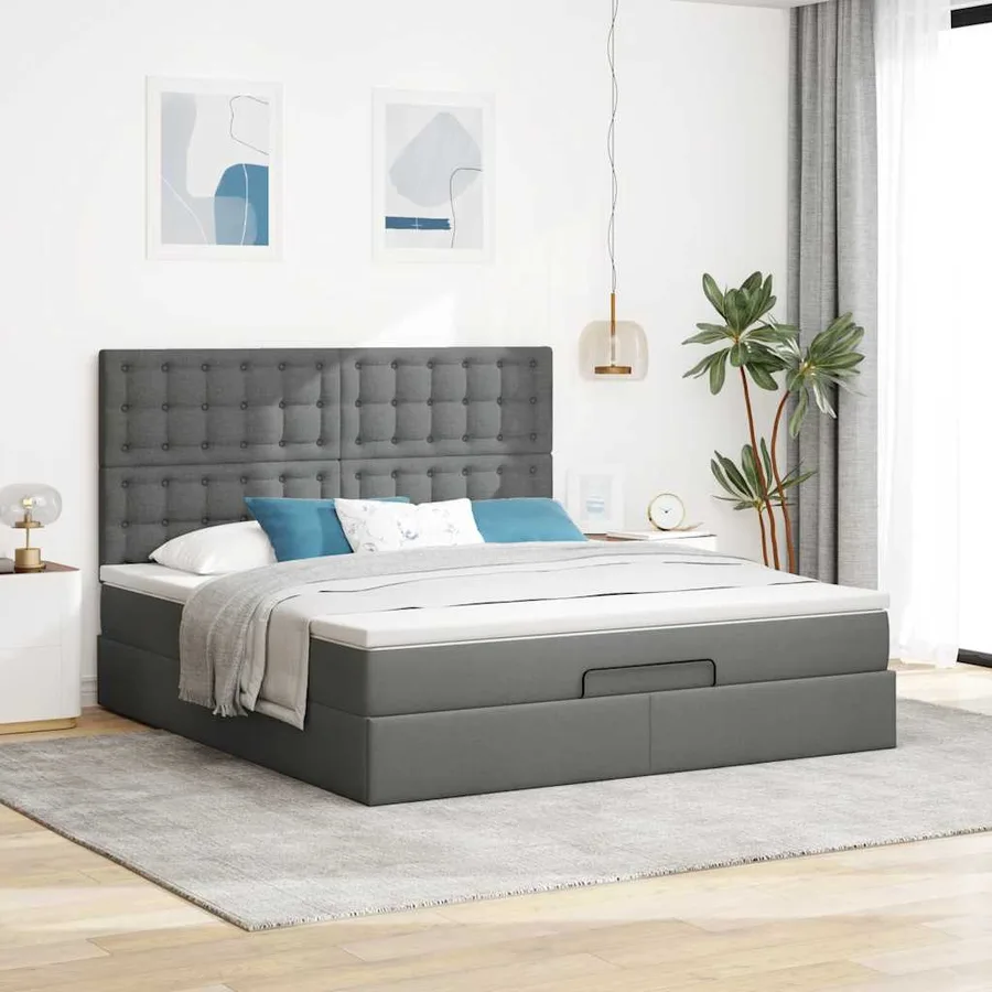 Cadre de lit ottoman avec matelas gris foncé 180x200 cm tissu - 4