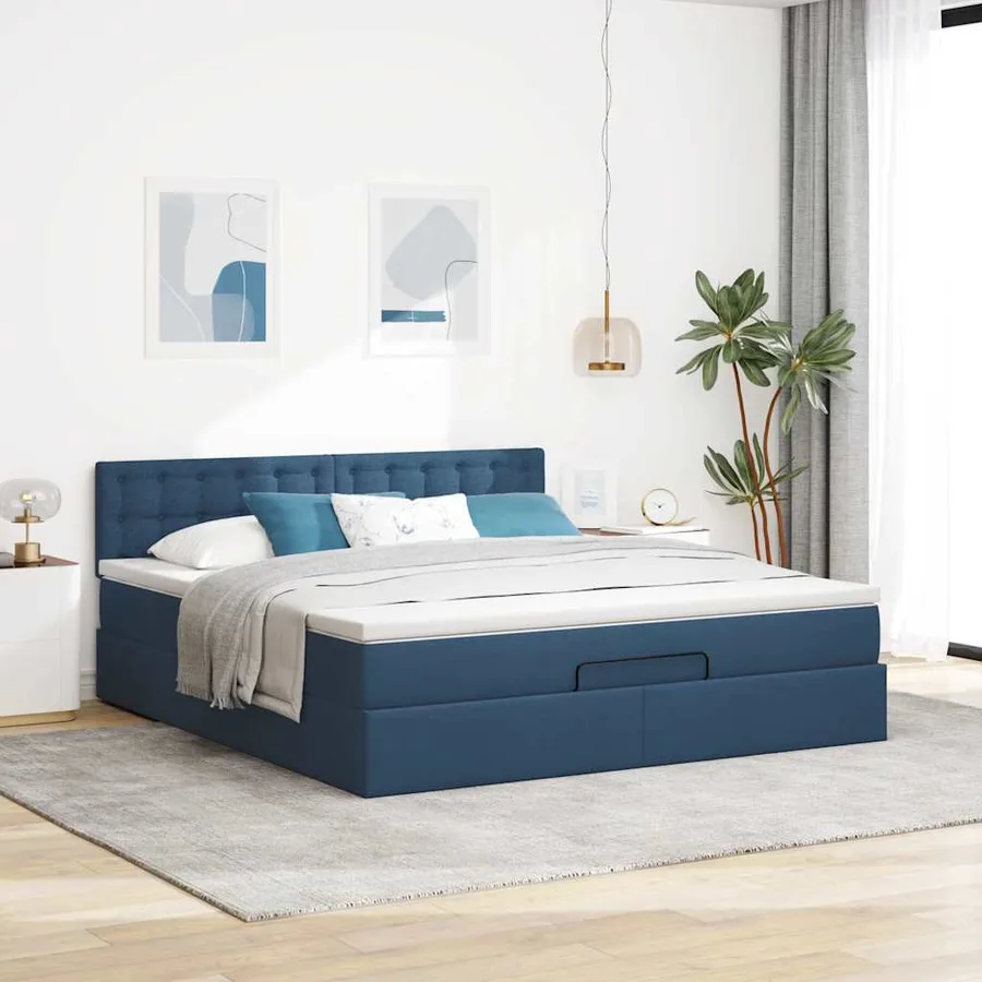 Cadre de lit ottoman avec matelas bleu 180x200 cm tissu - 3