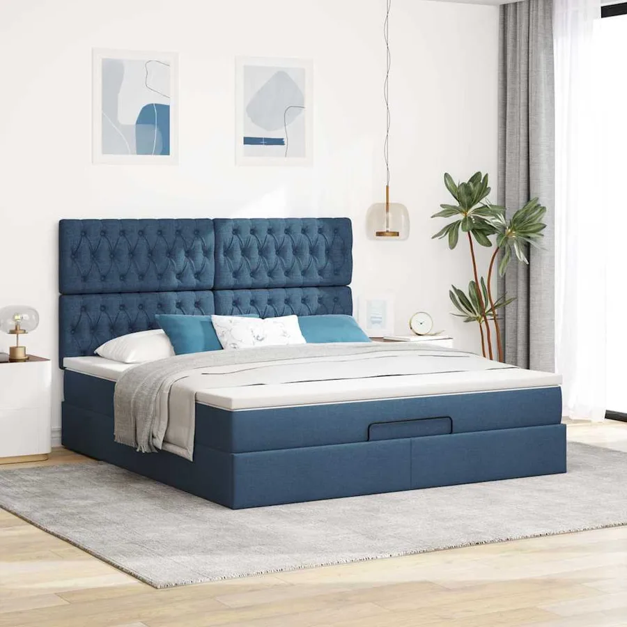 Cadre de lit ottoman avec matelas bleu 180x200 cm tissu - 4