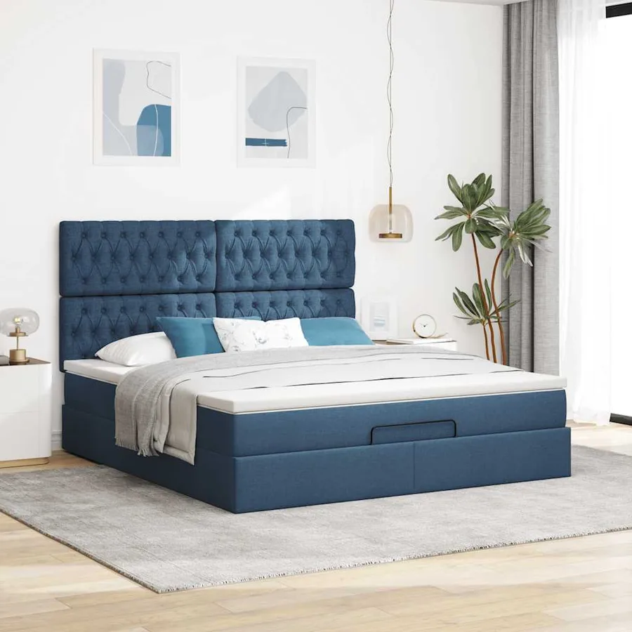 Cadre de lit ottoman avec matelas bleu 180x200 cm tissu - 3