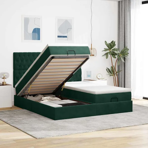 Cadre de lit ottoman avec matelas vert foncé 160x200 cm velours
