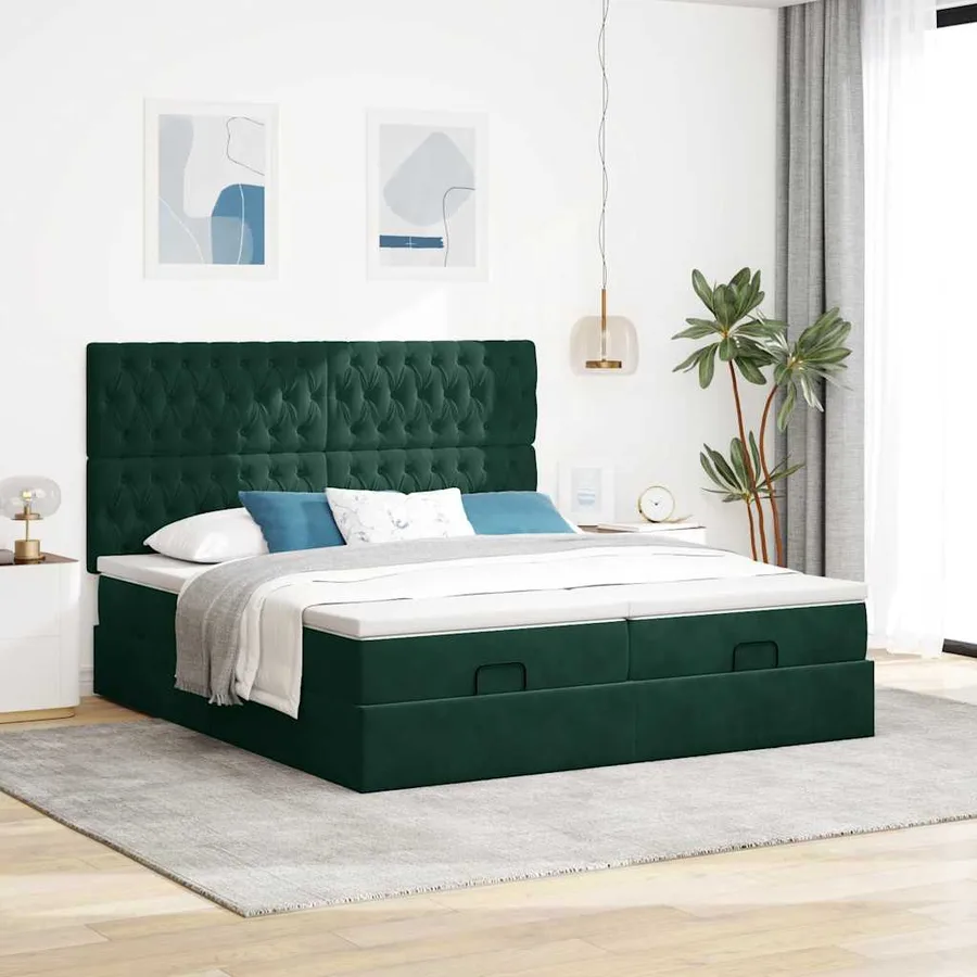 Cadre de lit ottoman avec matelas vert foncé 160x200 cm velours - 4