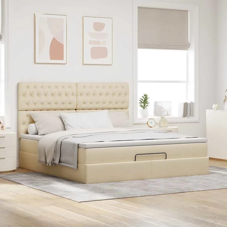 Cadre de lit ottoman avec matelas crème 160x200 cm tissu - 4