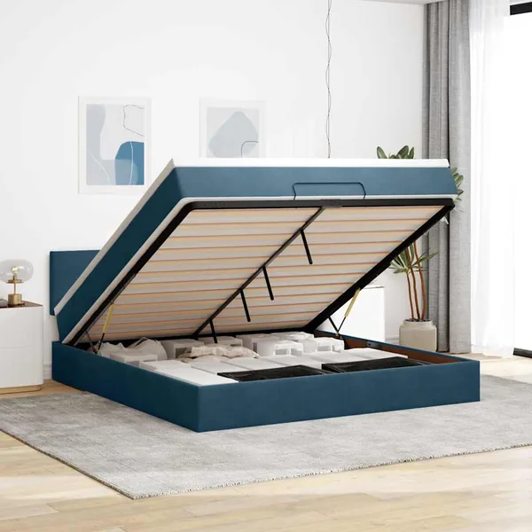 Cadre de lit ottoman avec matelas bleu foncé 180x200 cm velours