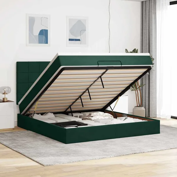 Cadre de lit ottoman avec matelas vert foncé 180x200cm velours