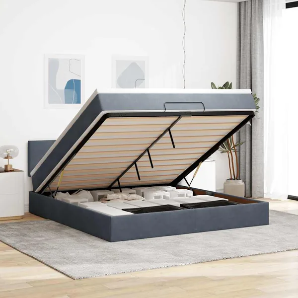 Cadre de lit ottoman avec matelas gris foncé 180x200 cm velours