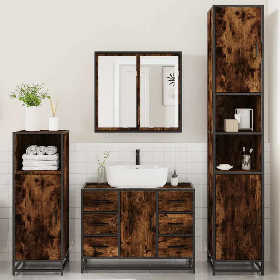 Ensemble meubles salle de bain 4 pcs chêne fumé bois ingénierie - 3