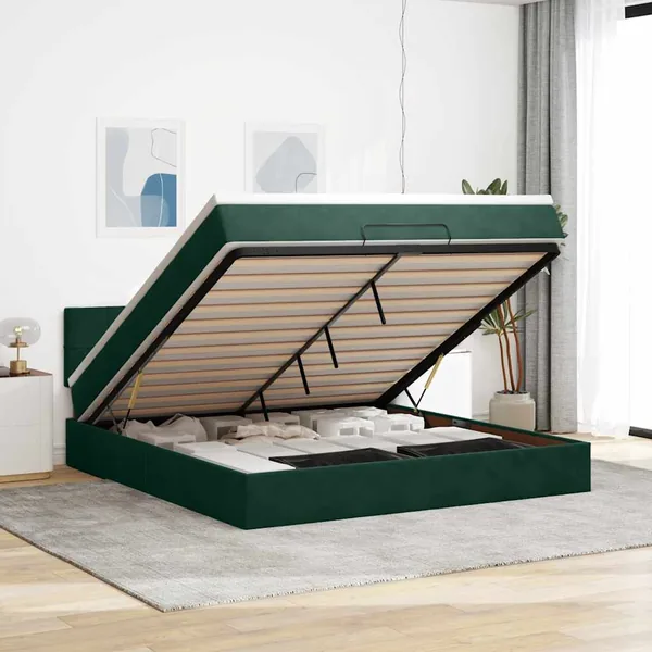 Cadre de lit ottoman avec matelas vert foncé 180x200 cm velours