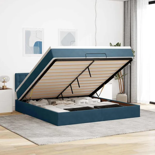 Cadre de lit ottoman avec matelas bleu foncé 180x200 cm velours
