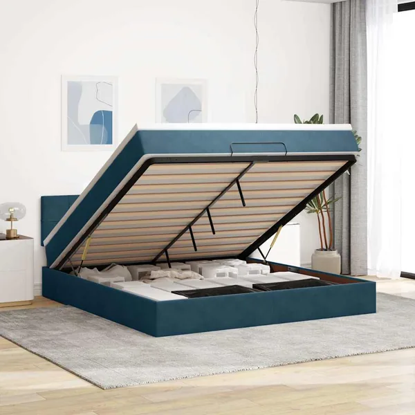 Cadre de lit ottoman avec matelas bleu foncé 180x200 cm velours