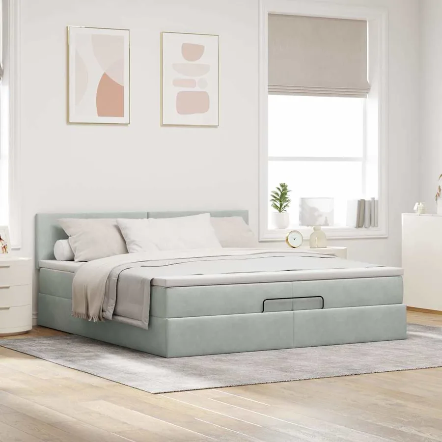 Cadre de lit ottoman avec matelas gris clair 200x200 cm velours - 4
