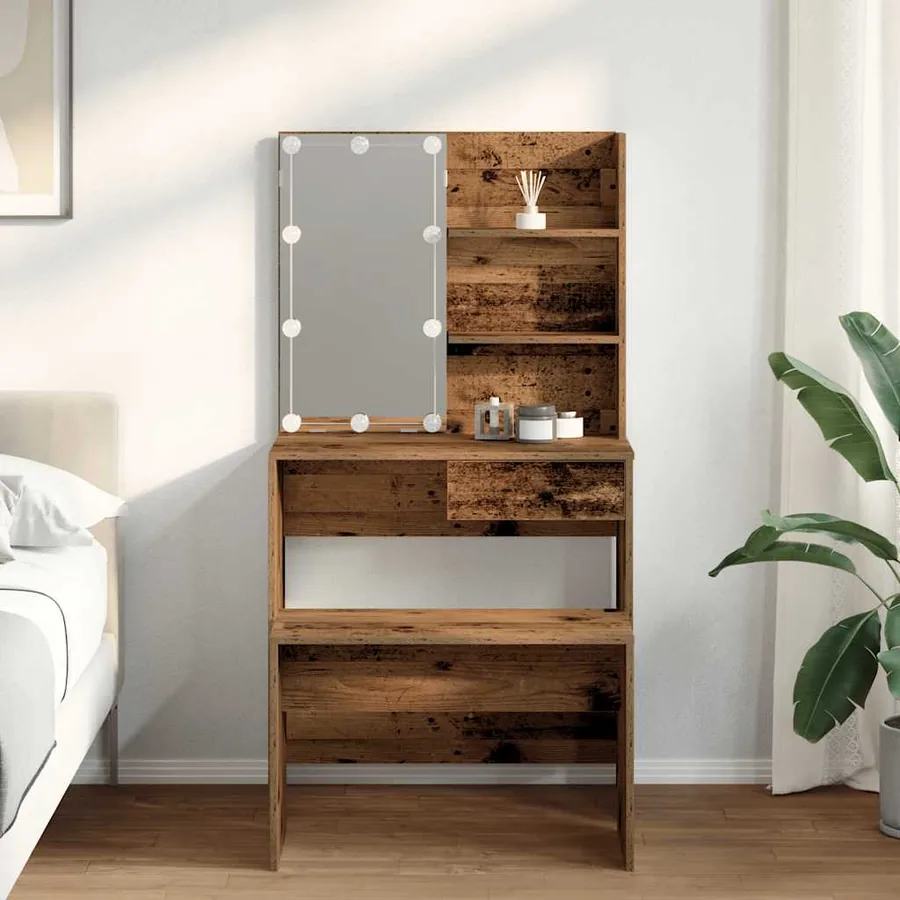 Ensemble de coiffeuse avec LED vieux bois bois d'ingénierie - 3
