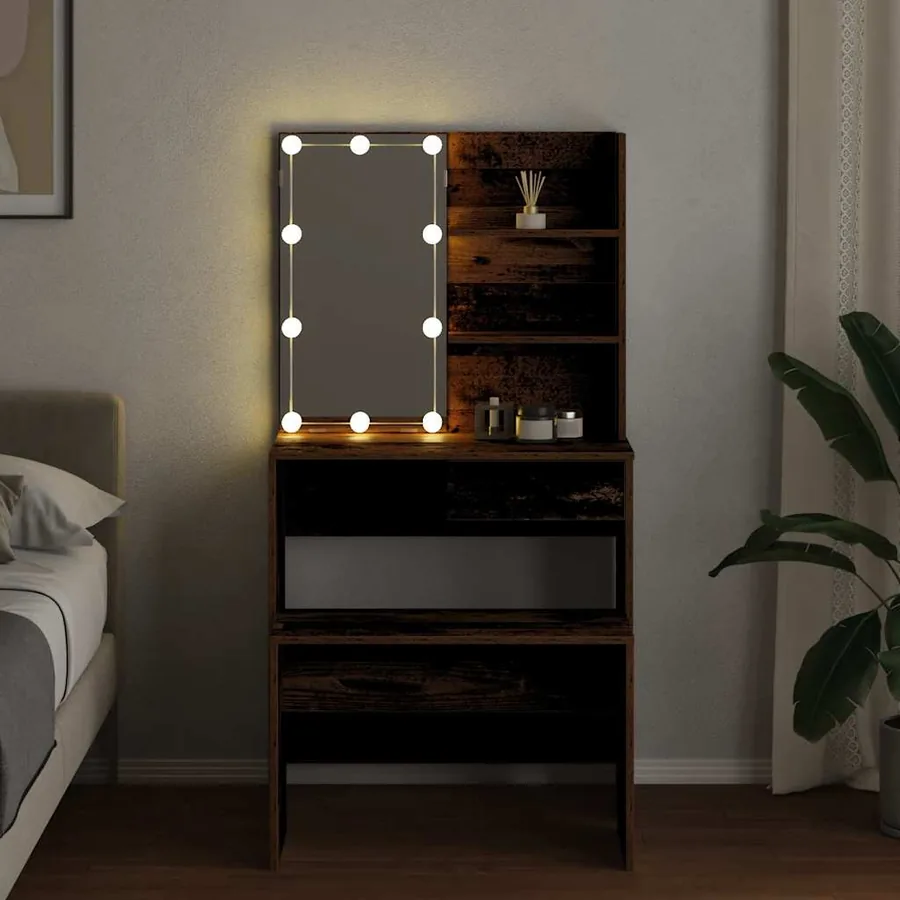 Ensemble de coiffeuse avec LED vieux bois bois d'ingénierie - 4