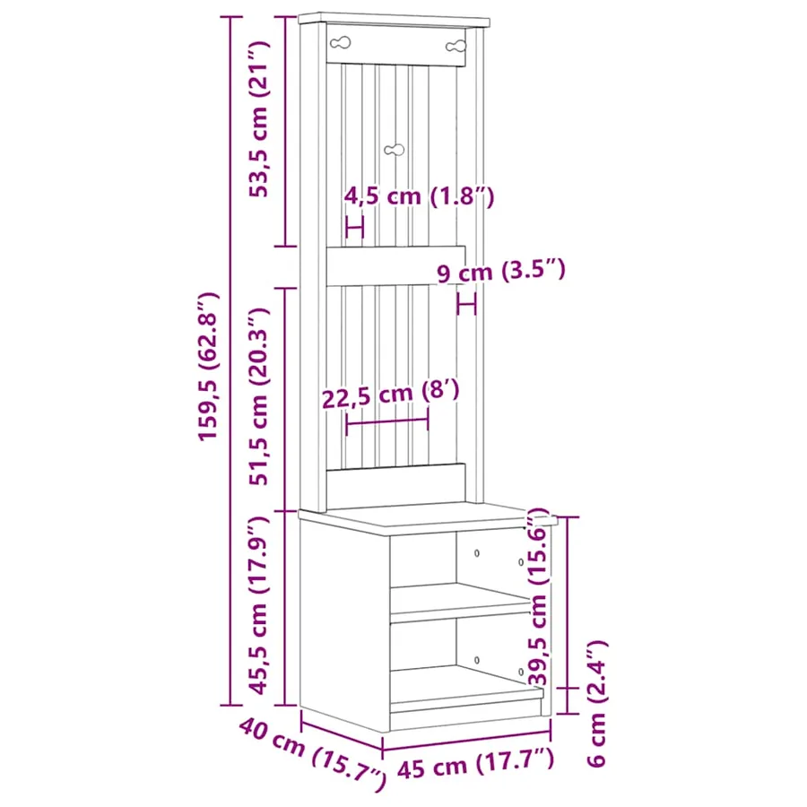 Portemanteau SANDNES 45x40x159,5 cm bois massif pin - 10