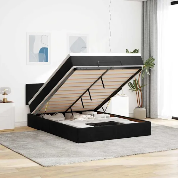 Cadre de lit ottoman avec matelas noir 140x200 cm velours