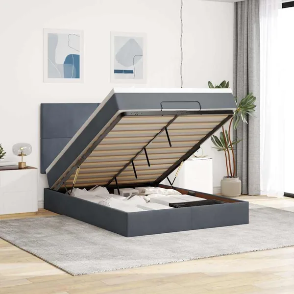 Cadre de lit ottoman avec matelas gris foncé 140x200 cm velours
