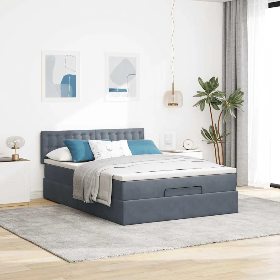Cadre de lit ottoman avec matelas gris foncé 140x200 cm velours - 4