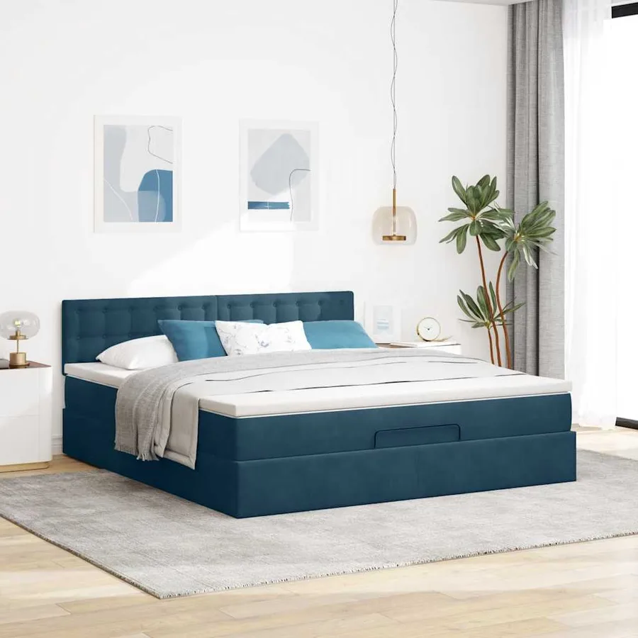Cadre de lit ottoman avec matelas bleu foncé 160x200 cm velours - 3
