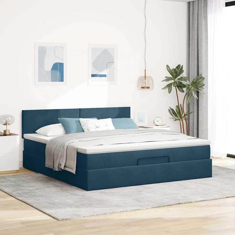 Cadre de lit ottoman avec matelas bleu foncé 160x200 cm velours - 4