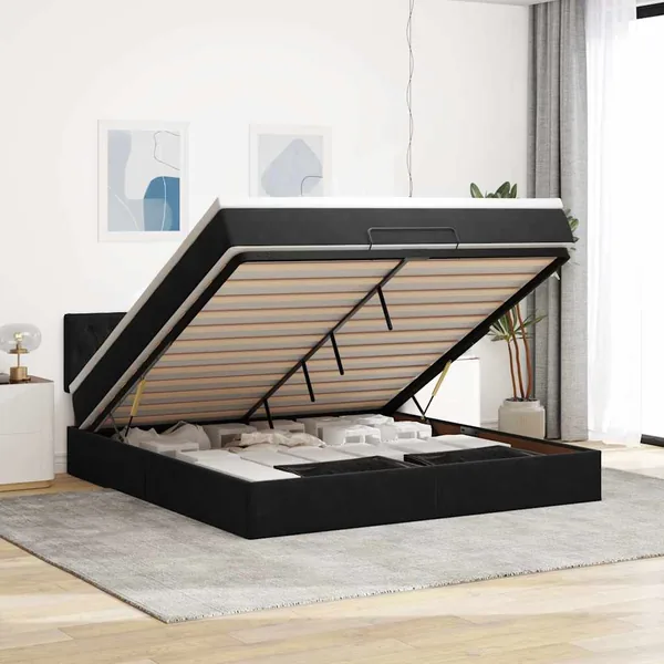 Cadre de lit ottoman avec matelas noir 160x200 cm velours