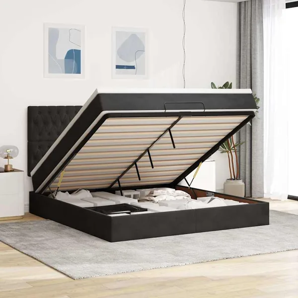 Cadre de lit ottoman avec matelas noir 160x200 cm velours