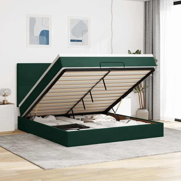 Cadre de lit ottoman avec matelas vert foncé 160x200 cm velours