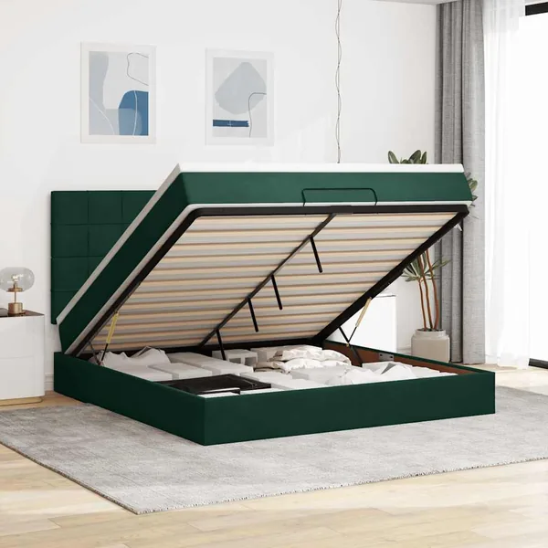 Cadre de lit ottoman avec matelas vert foncé 160x200 cm velours