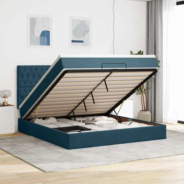Cadre de lit ottoman avec matelas bleu foncé 160x200 cm velours
