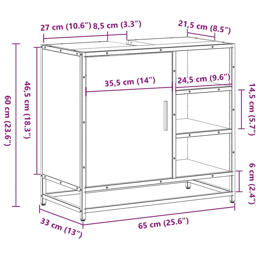 Armoire de lavabo de salle de bain chêne marron 65x33x60 cm - 12
