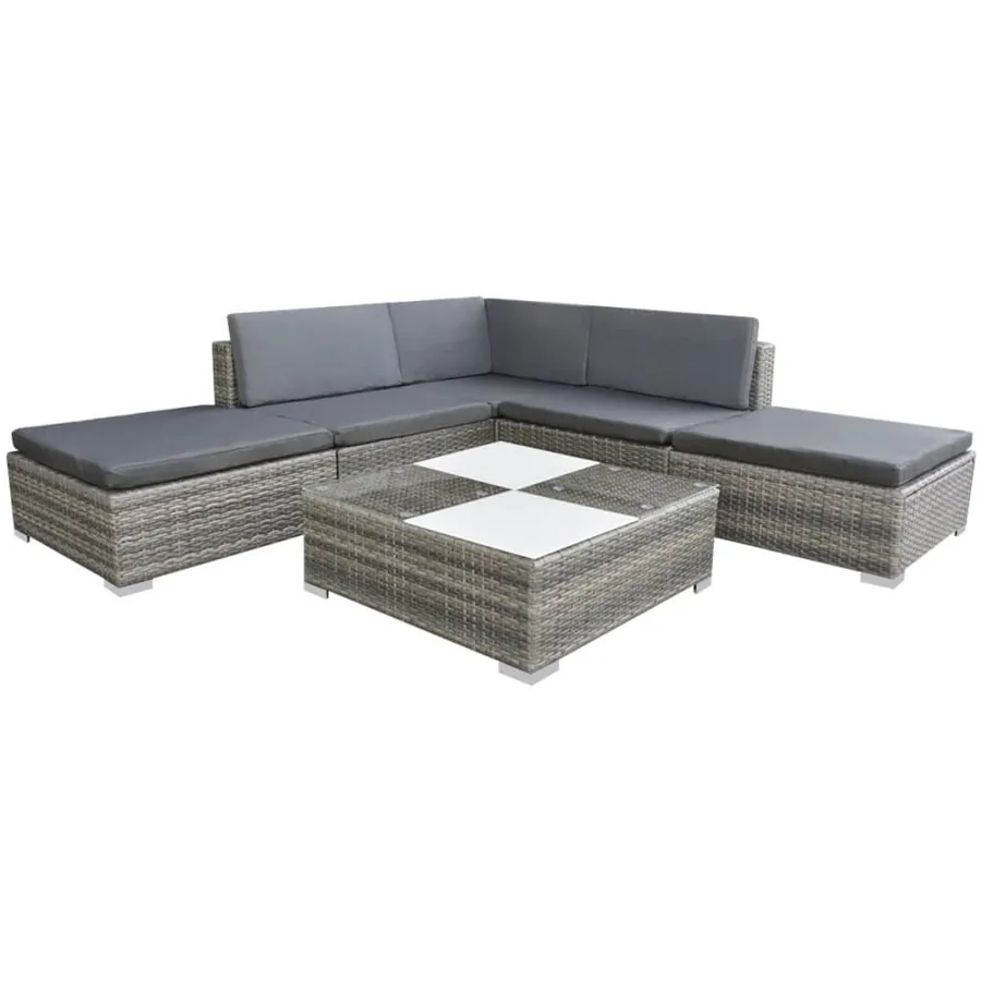 Salon de jardin 6 pcs avec coussins Résine tressée Gris