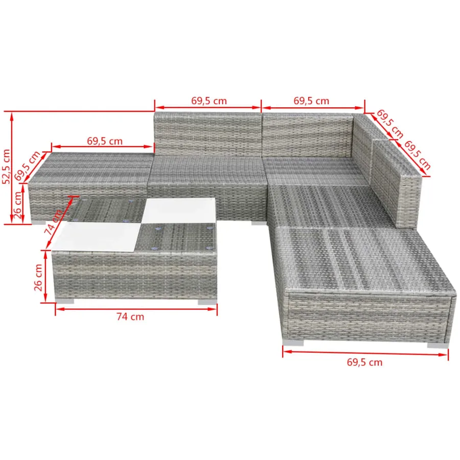 Salon de jardin 6 pcs avec coussins Résine tressée Gris - 5