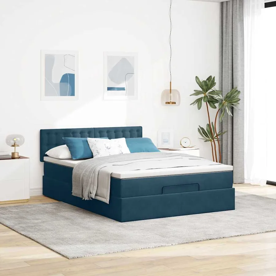 Cadre de lit ottoman avec matelas bleu foncé 140x200 cm velours - 3