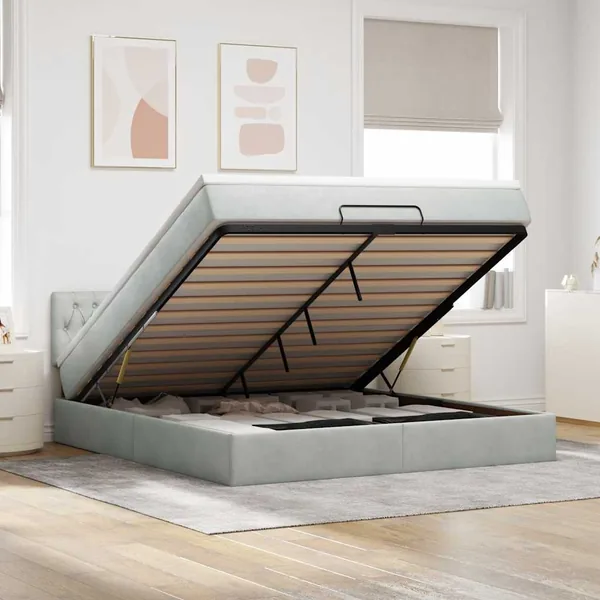 Cadre de lit ottoman avec matelas gris clair 160x200 cm velours
