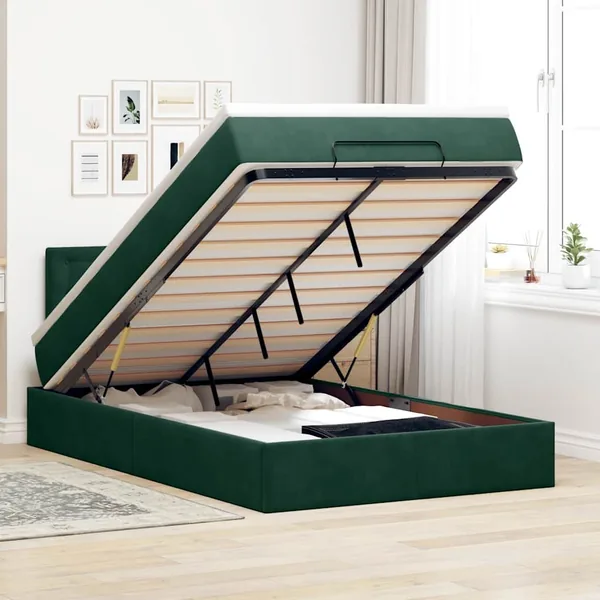 Cadre de lit ottoman avec matelas vert foncé 120x200 cm velours