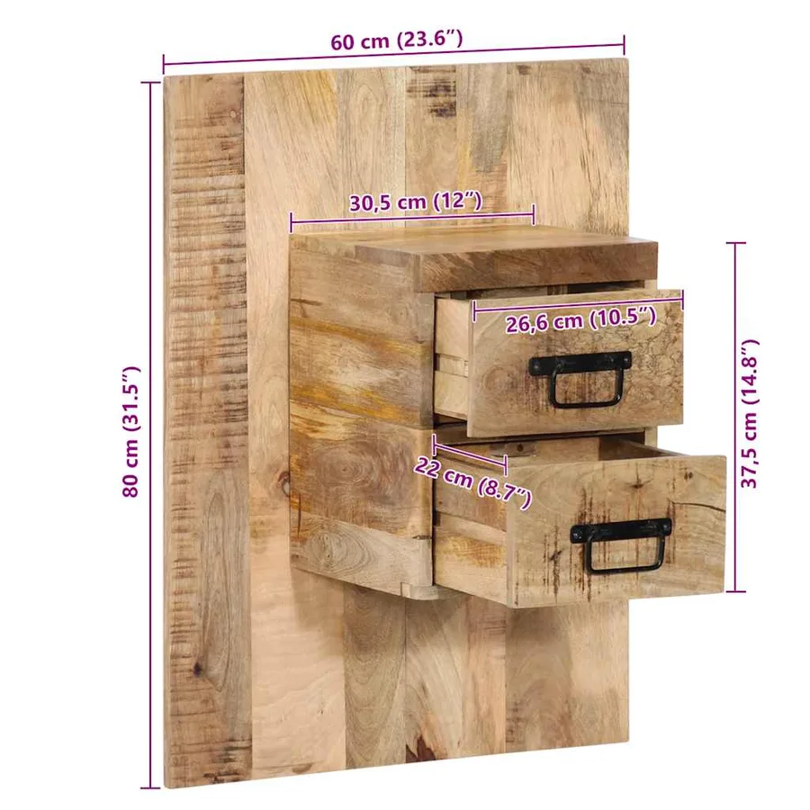 Table de chevet 60x32x80 cm bois massif de manguier brut - 11