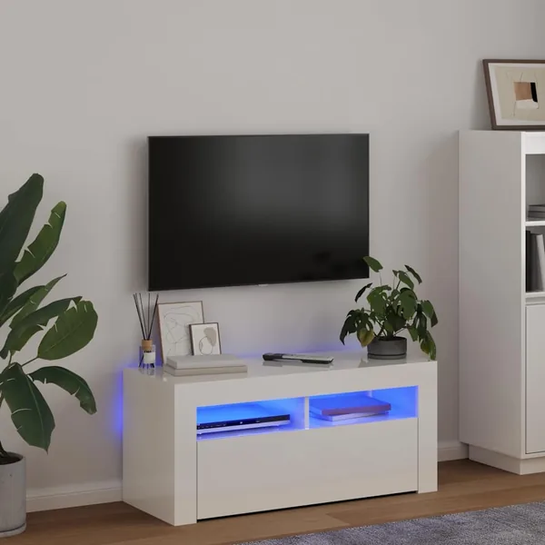 Meuble TV avec lumières LED blanc brillant 90x35x40 cm