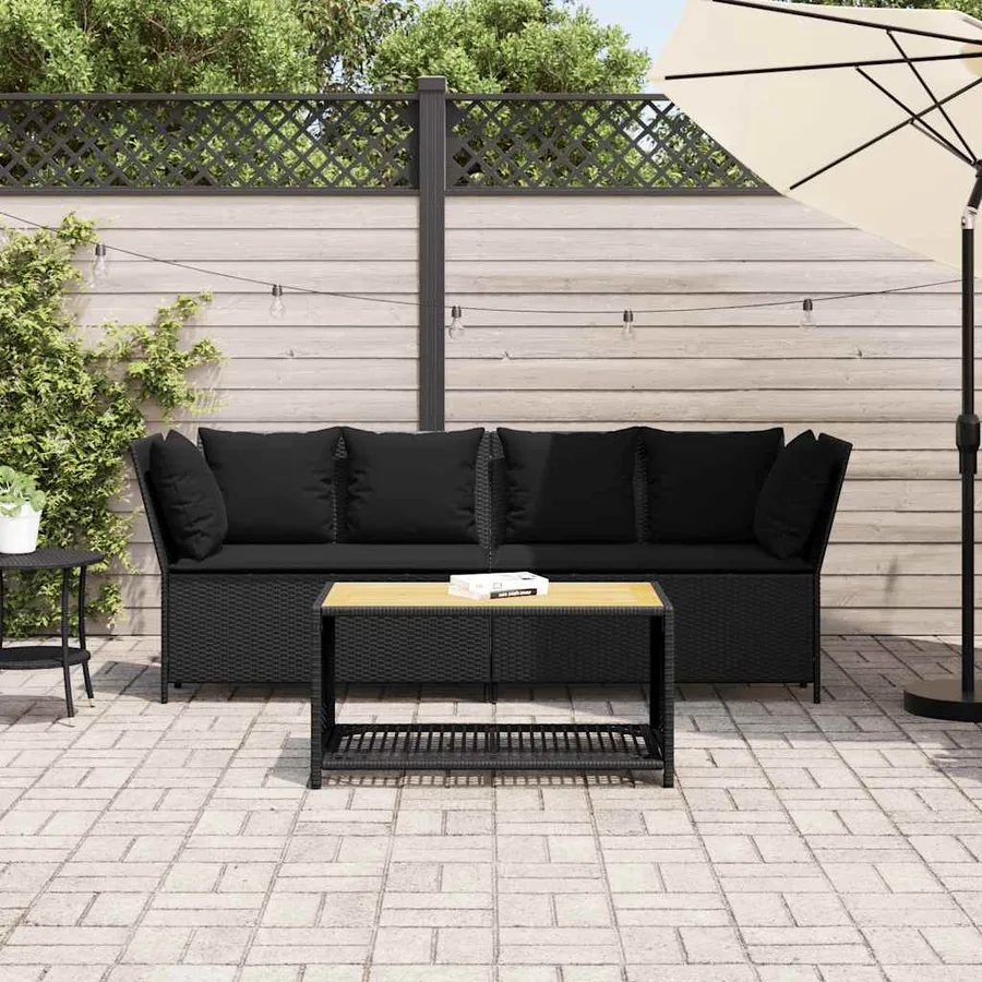 Canapé de jardin avec coussins Noir Résine tressée - 3