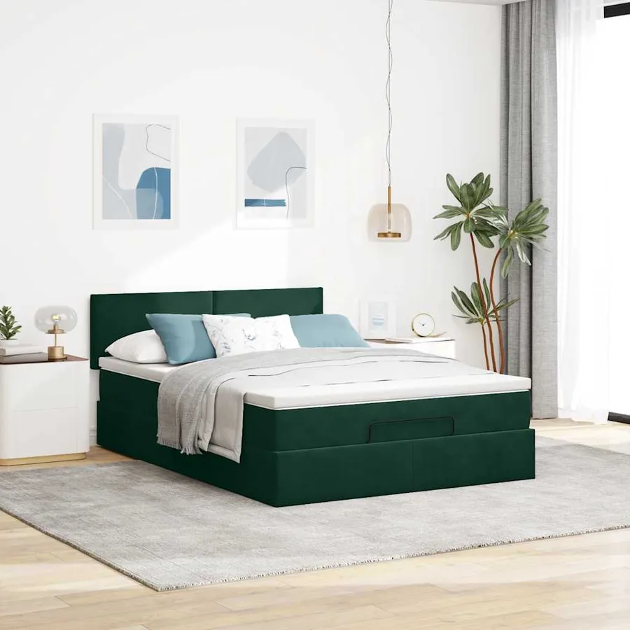 Cadre de lit ottoman avec matelas vert foncé 140x190 cm velours - 4