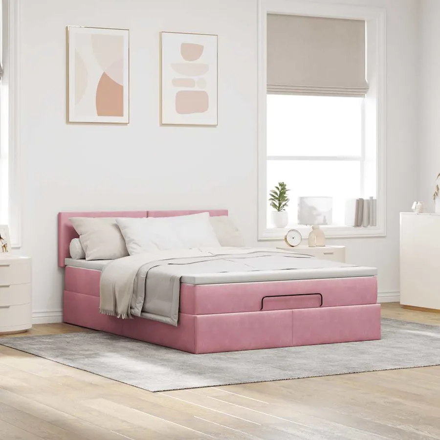 Cadre de lit ottoman avec matelas rose 140x190 cm velours - 4