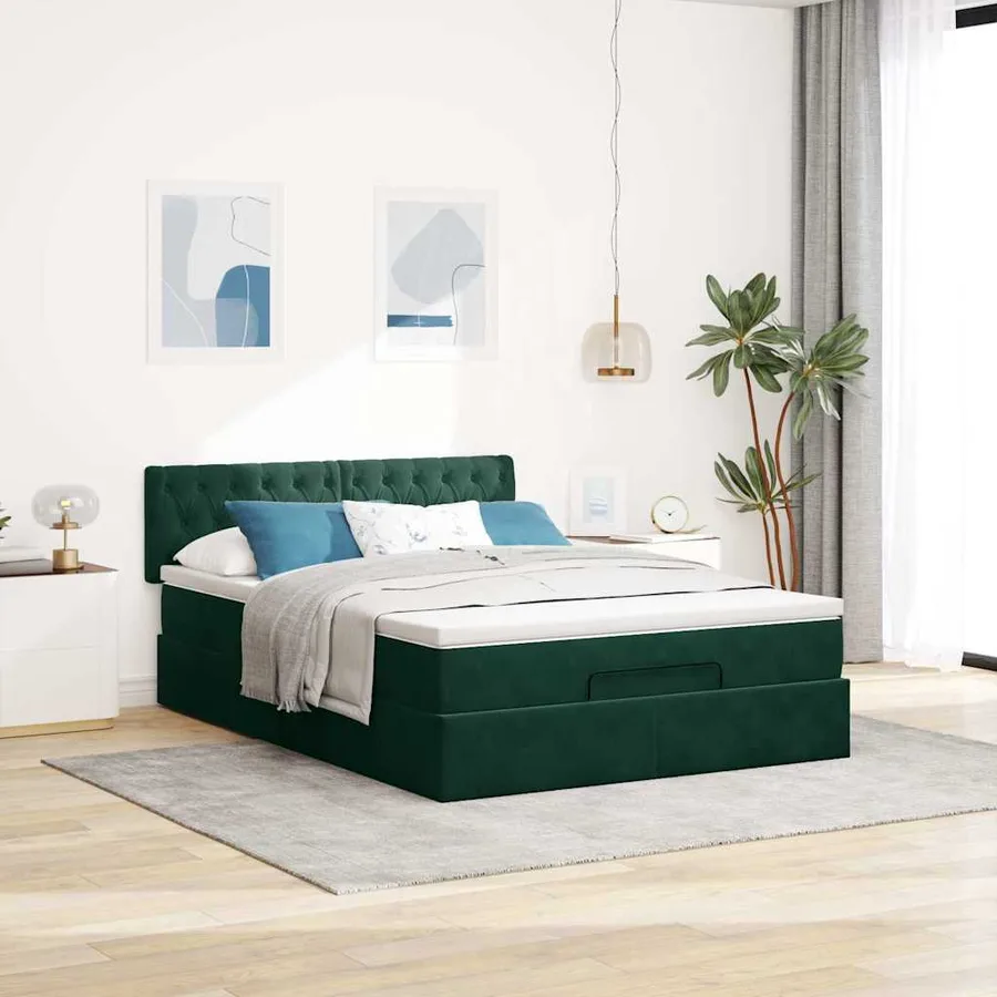 Cadre de lit ottoman avec matelas vert foncé 140x190 cm velours - 4