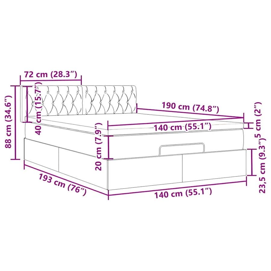 Cadre de lit ottoman avec matelas rose 140x190 cm velours - 15