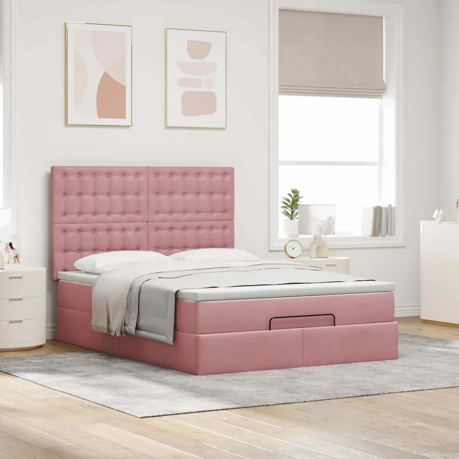 Cadre de lit ottoman avec matelas rose 140x190 cm velours - 3