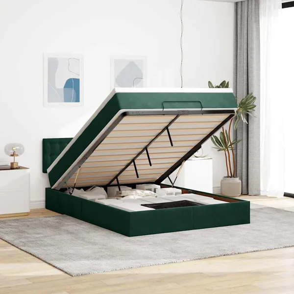 Cadre de lit ottoman avec matelas vert foncé 140x190 cm velours
