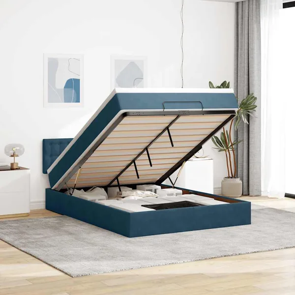 Cadre de lit ottoman avec matelas bleu foncé 140x190 cm velours
