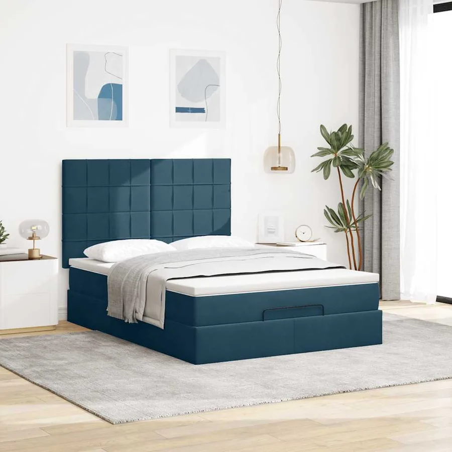 Cadre de lit ottoman avec matelas bleu foncé 140x190 cm velours - 3