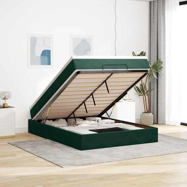 Cadre de lit ottoman avec matelas vert foncé 140x190 cm velours