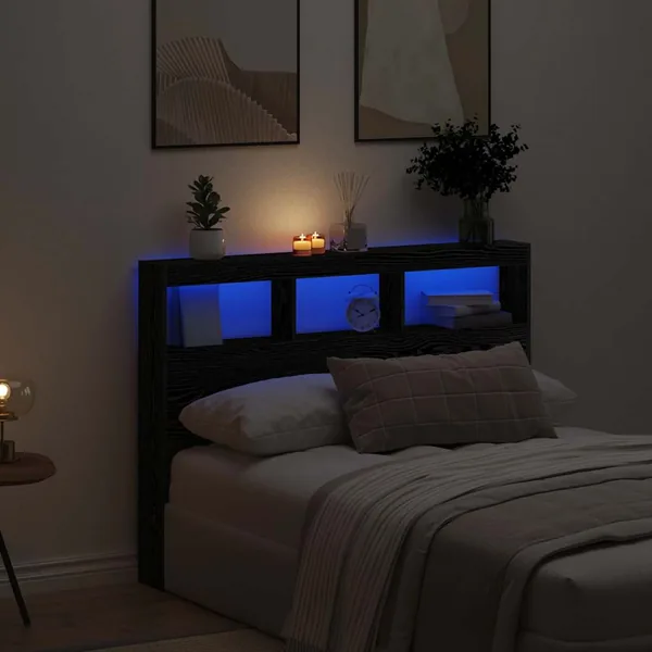 Armoire tête de lit avec LED chêne noir 140x17x102 cm