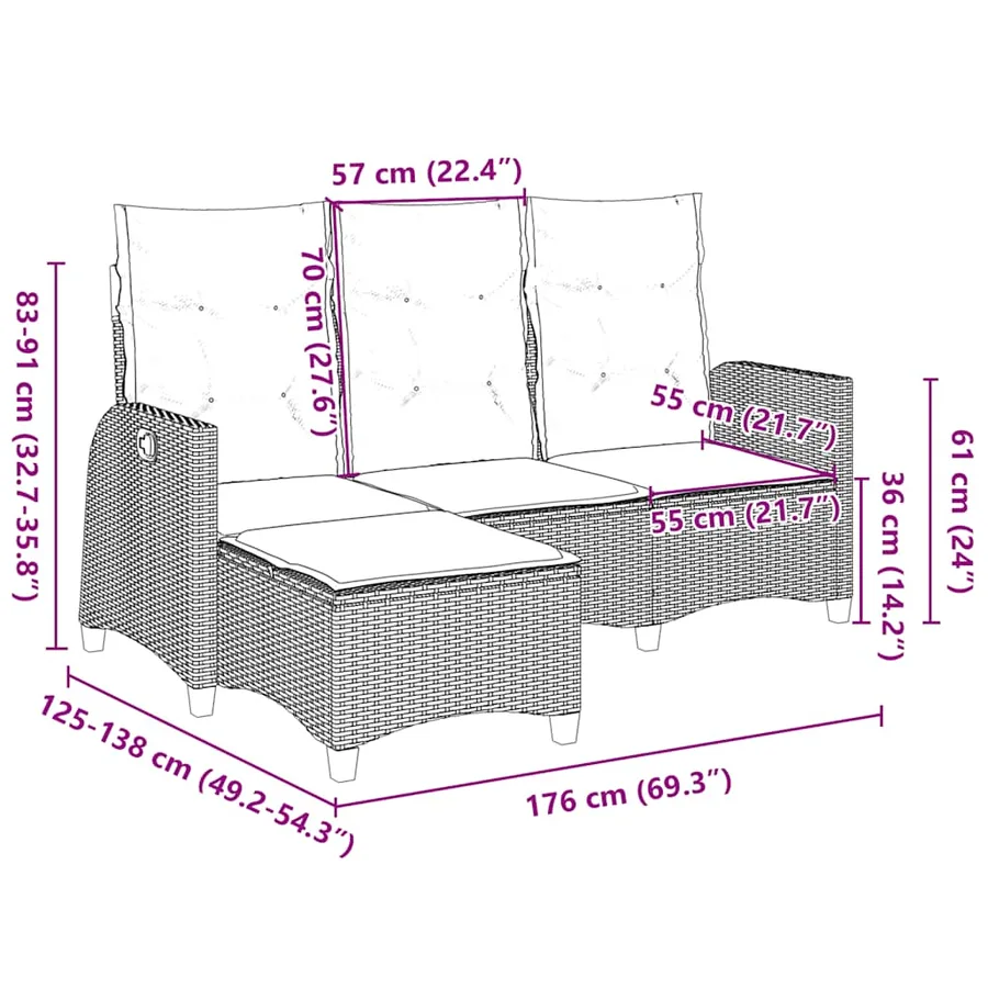 Canapé de jardin inclinable coussins forme L marron polyrotin - 13